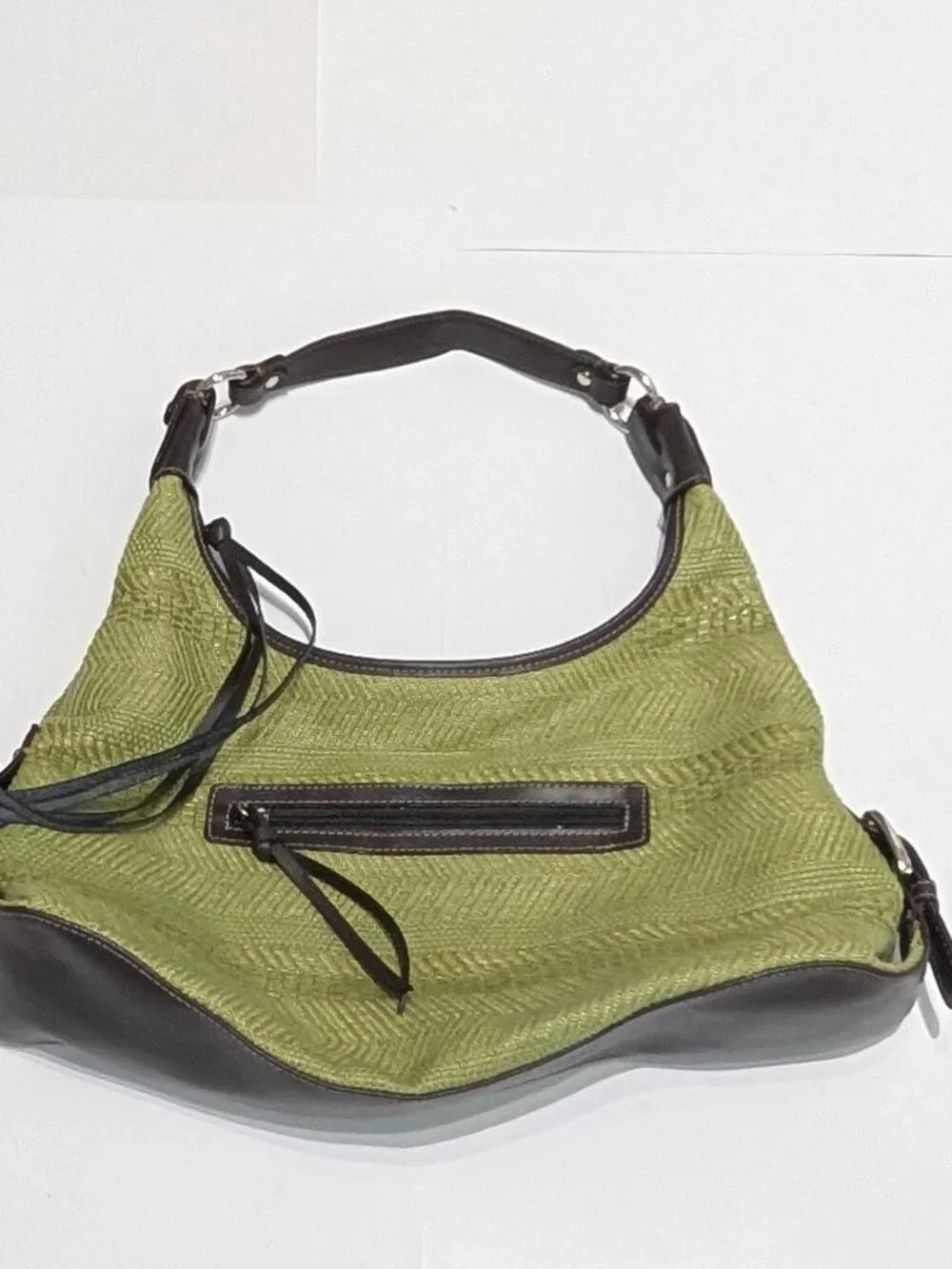 Worthington Green Cotton Woven Hobo Shoulder Bag with Brown Leather Accents